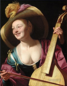  Night Painting - A young woman playing a viola da gamba nighttime candlelit Gerard van Honthorst